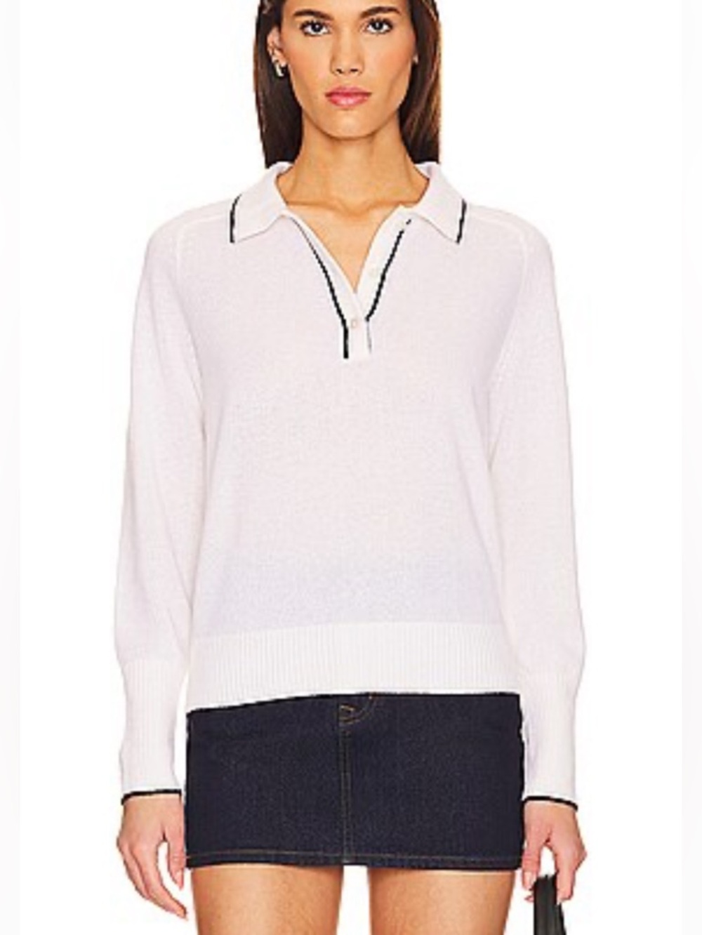 White + Warren Polo Collar Knit Sweater with Black Trim - L